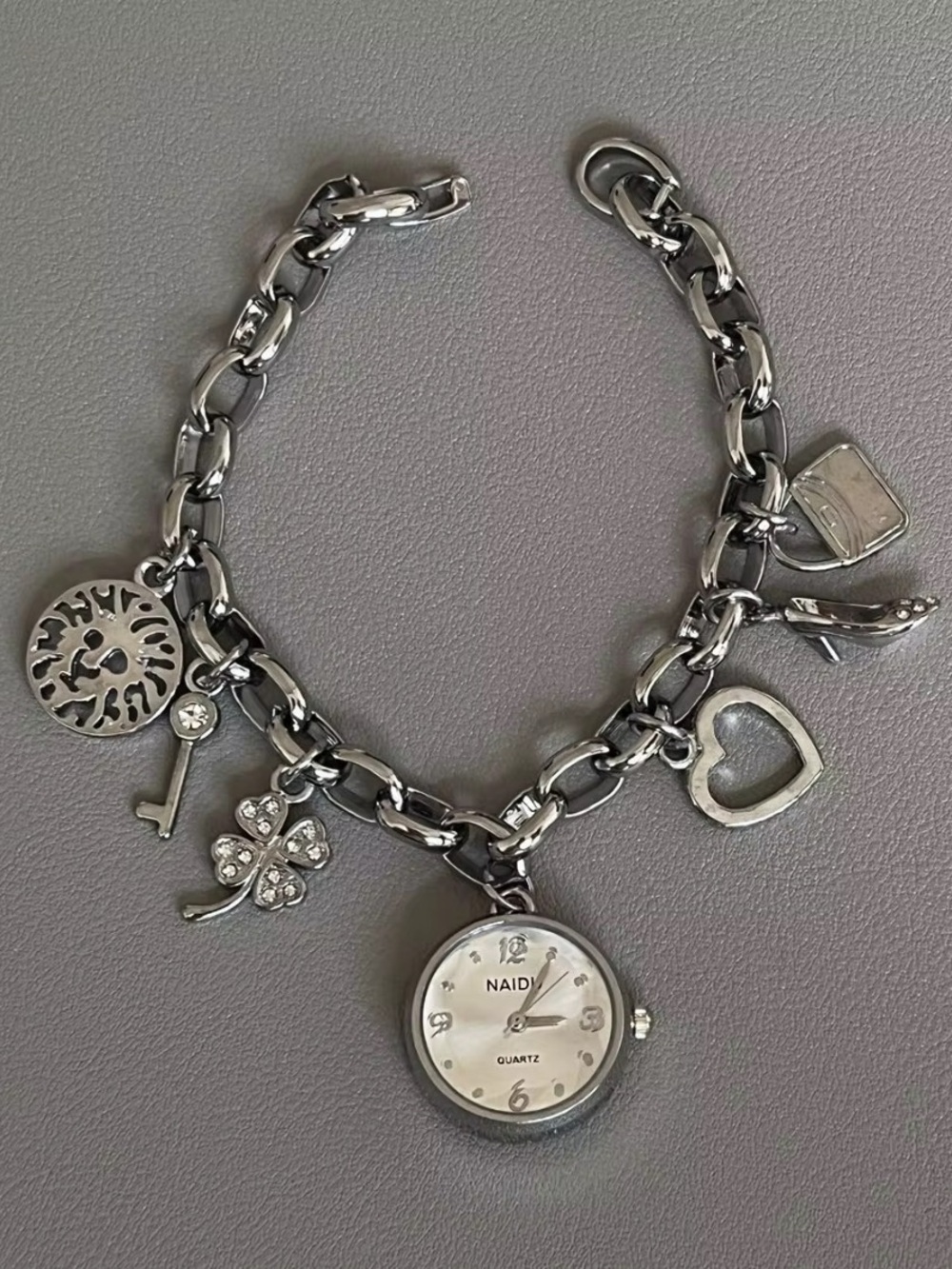 Silver Charm Bracelet Watch - Heart, Clover & Key Charms